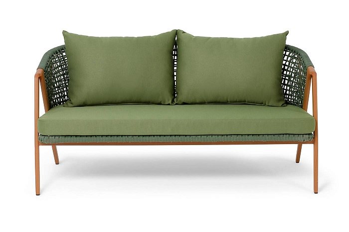 Диван Амстердам 4SIS 2-местный плетеный из роупа, каркас алюминий, роуп зеленый круглый, ткань зеленая фото 2