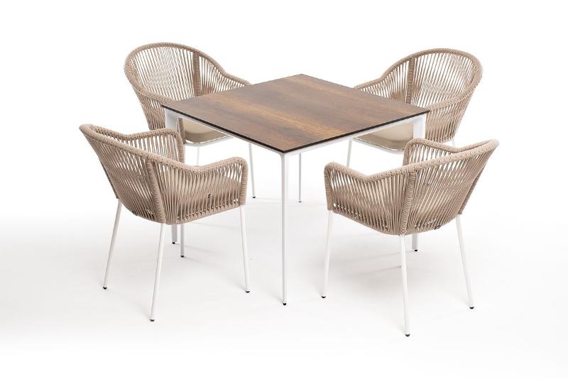 Обеденная группа Малага 4SIS на 4 персоны со стульями "Лион", каркас белый, роуп бежевый фото 5