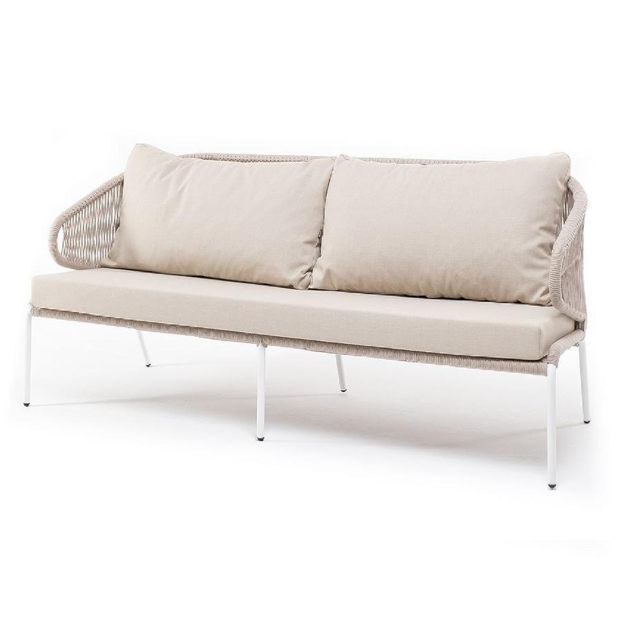 Диван трехместный Милан 4SIS из роупа (веревки), каркас алюминий белый, роуп бежевый круглый, ткань бежевая фото 1