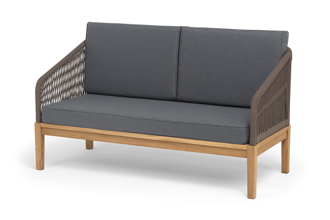 Канны диван 2-местный плетеный из роупа, основание дуб, роуп коричневый круглый, ткань темно-серая 027 NEW фото 1