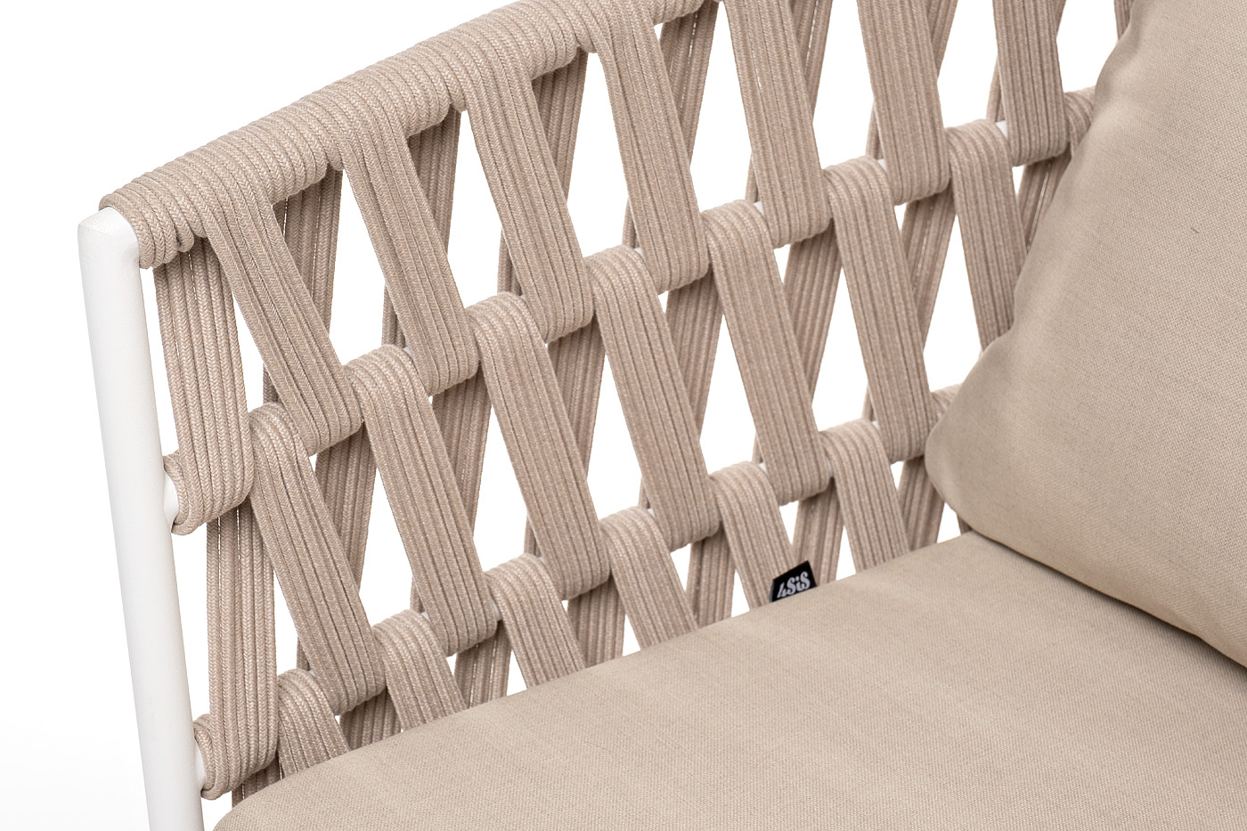 Диего диван 2-местный плетеный из роупа, основание дуб, каркас алюминий светло-серый (RAL7035) шагрень, роуп бежевый круглый, ткань бежевая 15052 фото 5