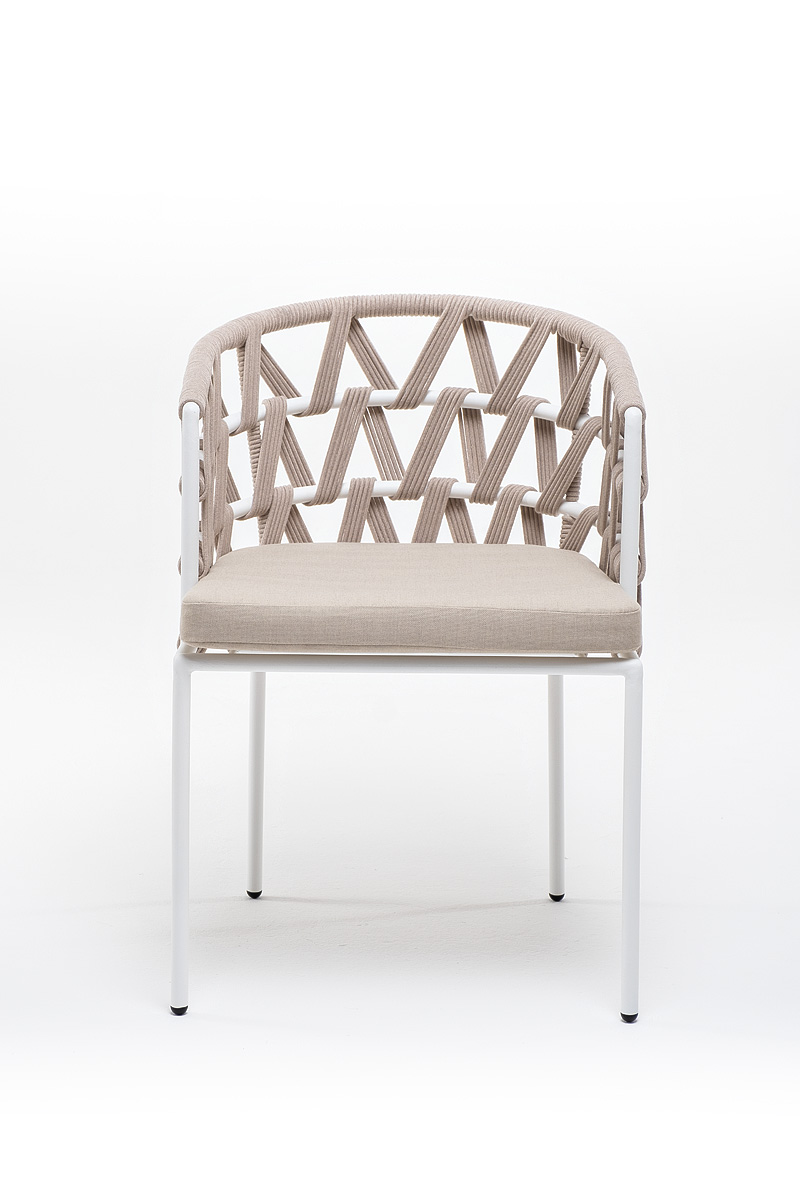 Диего стул плетеный из роупа, каркас из стали белый муар, роуп бежевый круглый, ткань бежевая 15052 фото 3
