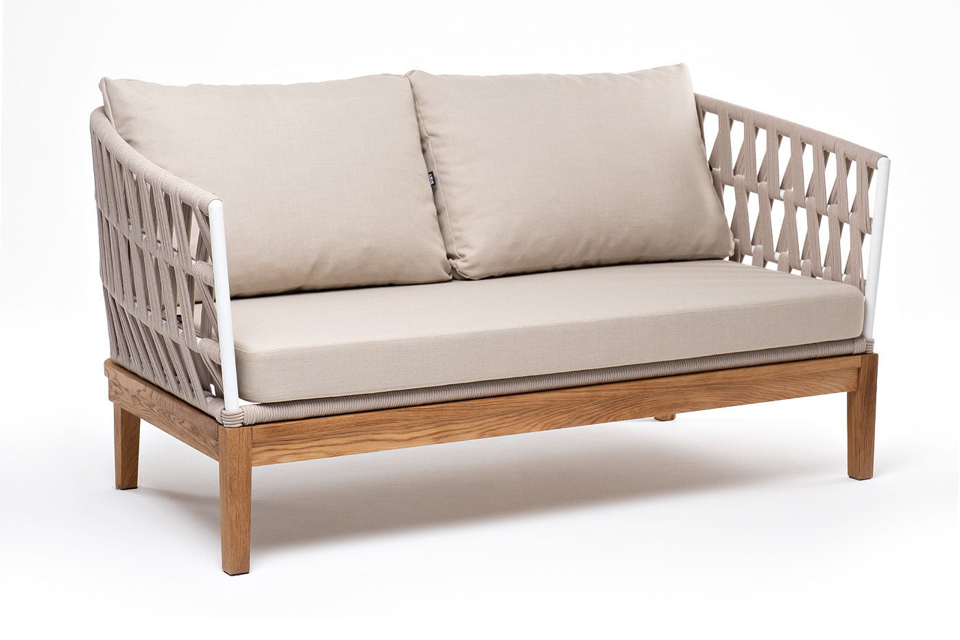 Диего диван 2-местный плетеный из роупа, основание дуб, каркас алюминий светло-серый (RAL7035) шагрень, роуп бежевый круглый, ткань бежевая 15052 фото 3