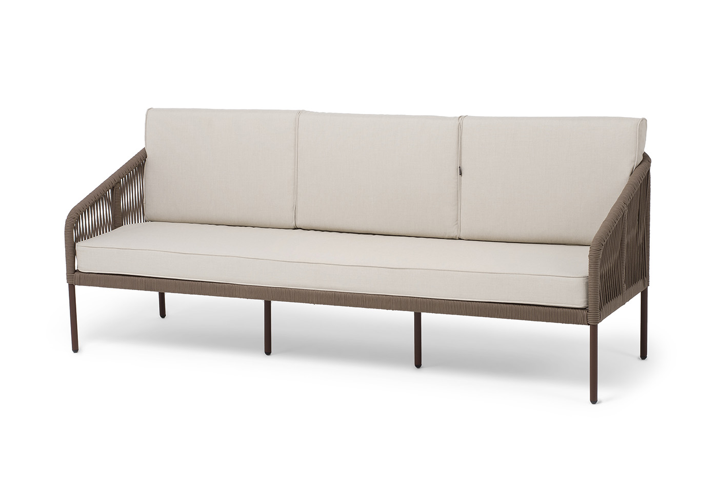 Канны диван 3-местный плетеный из роупа, каркас алюминий коричневый (RAL8016) муар, роуп коричневый круглый, ткань бежевая 15052 фото 1