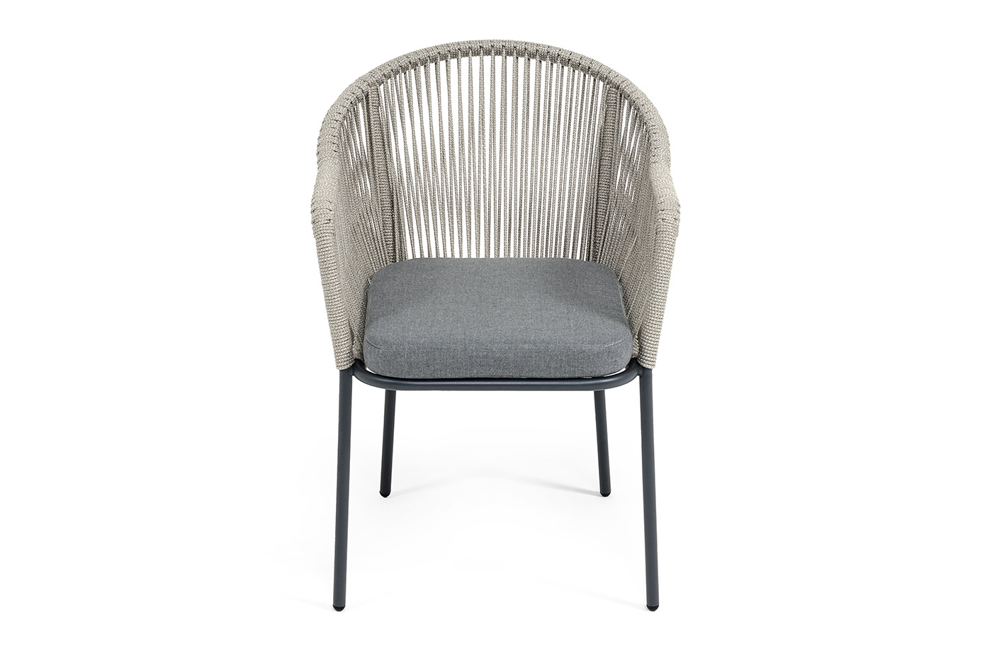 Лион стул плетеный из роупа, каркас из стали темно-серый (RAL7024) муар, роуп серый меланж круглый, ткань серая 017 фото 3