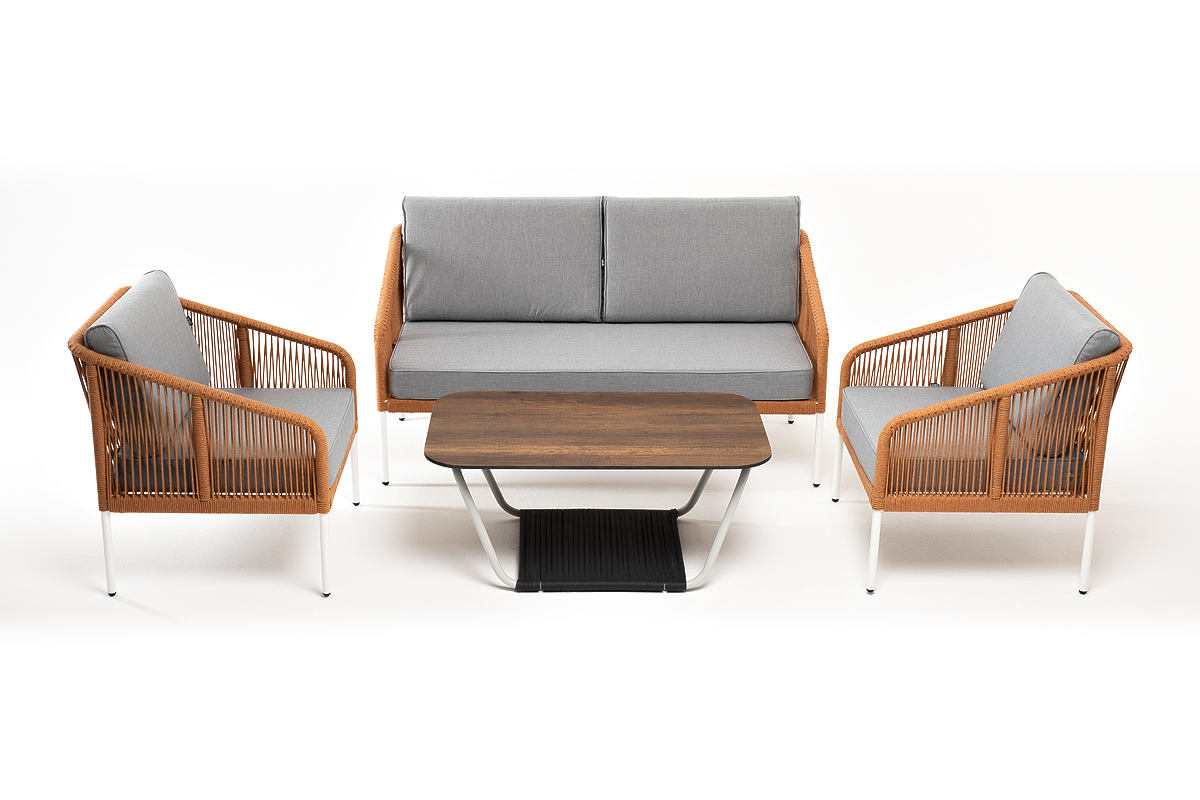 Канны лаунж-зона 4-местная из роупа со столом Глория цвет дуб, каркас алюминиевый белый, роуп оранжевый меланж фото 6