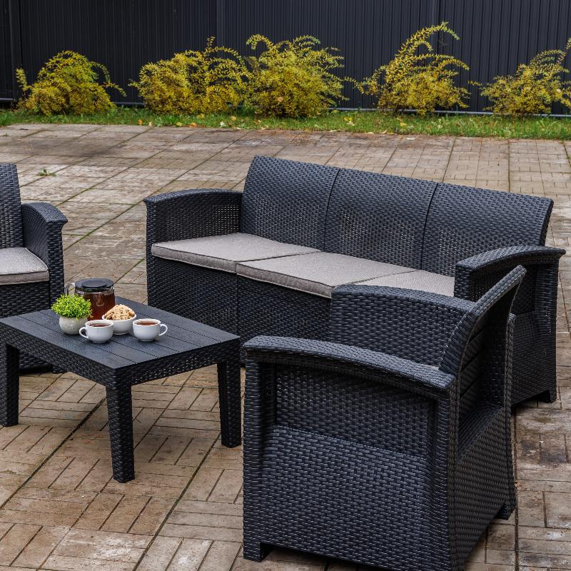 Обеденный комплект Lily Royal Family из пластика с трехместным диваном, цвет черный фото 4