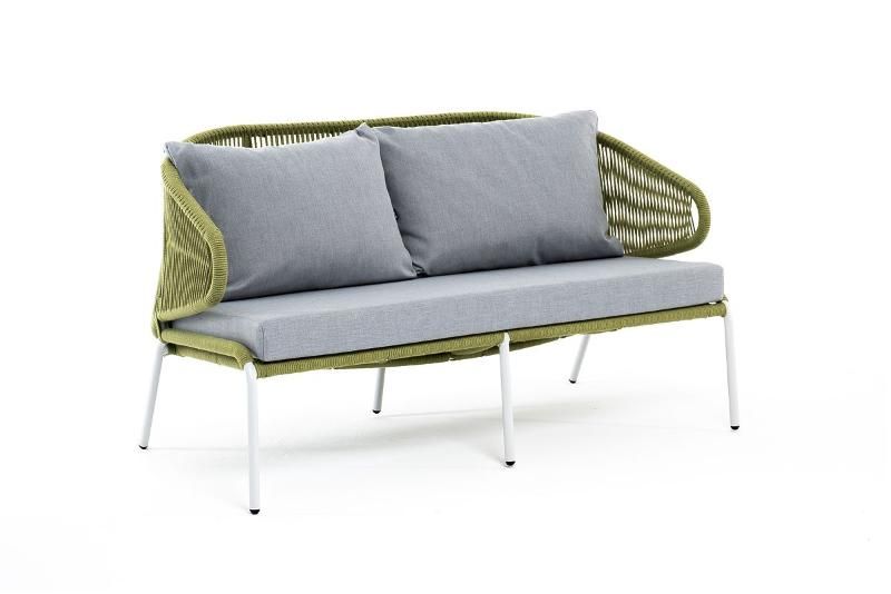 Диван двухместный Милан 4SIS из роупа (веревки), каркас алюминий светло-серый (RAL7035) шагрень, роуп салатовый меланж круглый, ткань светло-серая фото 3