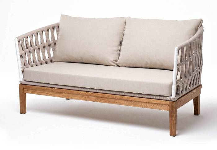 Диван Диего 4SIS 2-местный плетеный из роупа, основание дуб, каркас алюминий светло-серый (RAL7035) муар, роуп бежевый круглый, ткань бежевая 52 фото 1