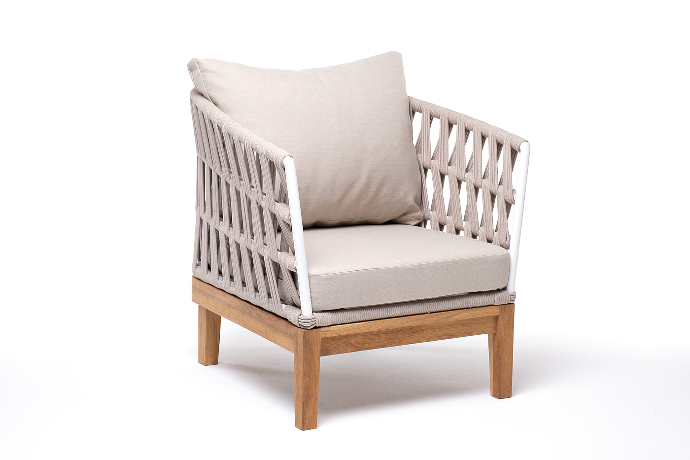 Диего кресло плетеное из роупа, основание дуб, каркас алюминий светло-серый (RAL7035) шагрень, роуп бежевый круглый, ткань бежевая 15052 фото 3