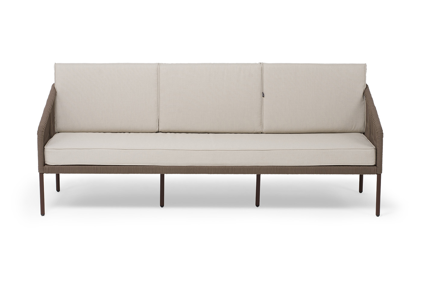 Канны диван 3-местный плетеный из роупа, каркас алюминий коричневый (RAL8016) муар, роуп коричневый круглый, ткань бежевая 15052 фото 2