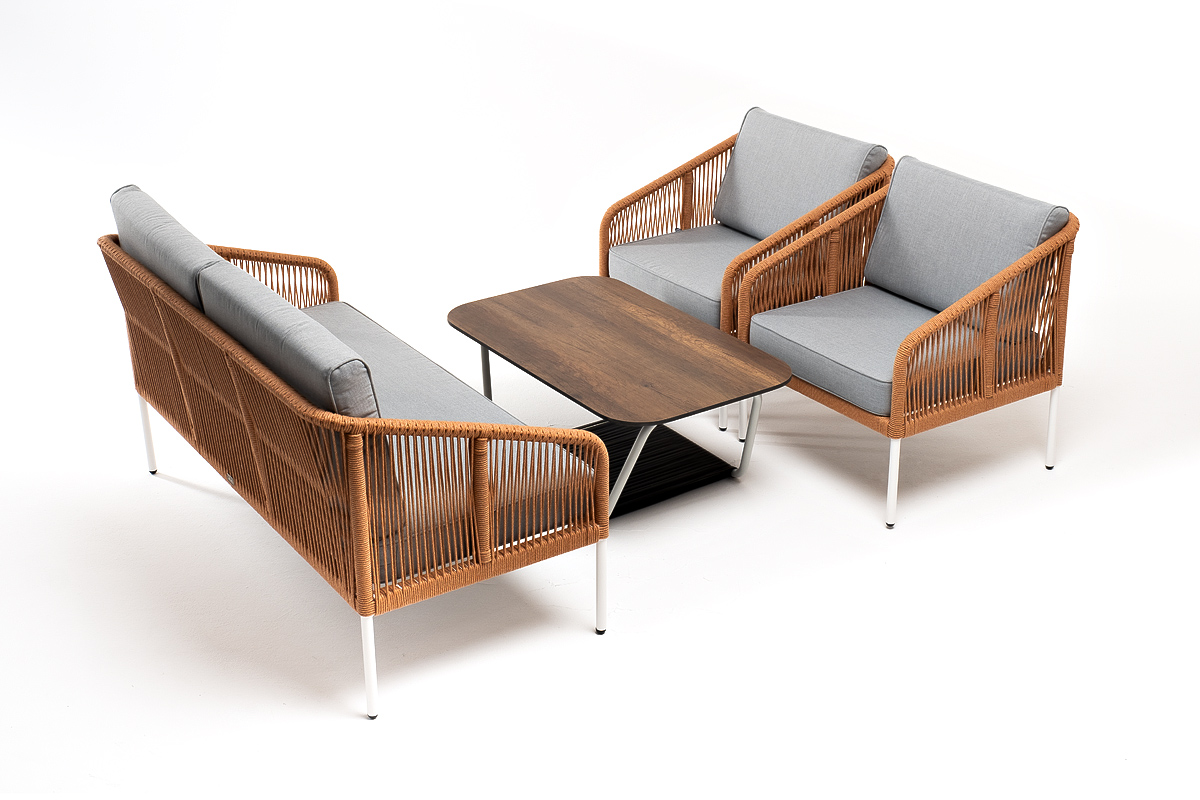 Канны лаунж-зона 4-местная из роупа со столом Глория цвет дуб, каркас алюминиевый белый, роуп оранжевый меланж фото 4