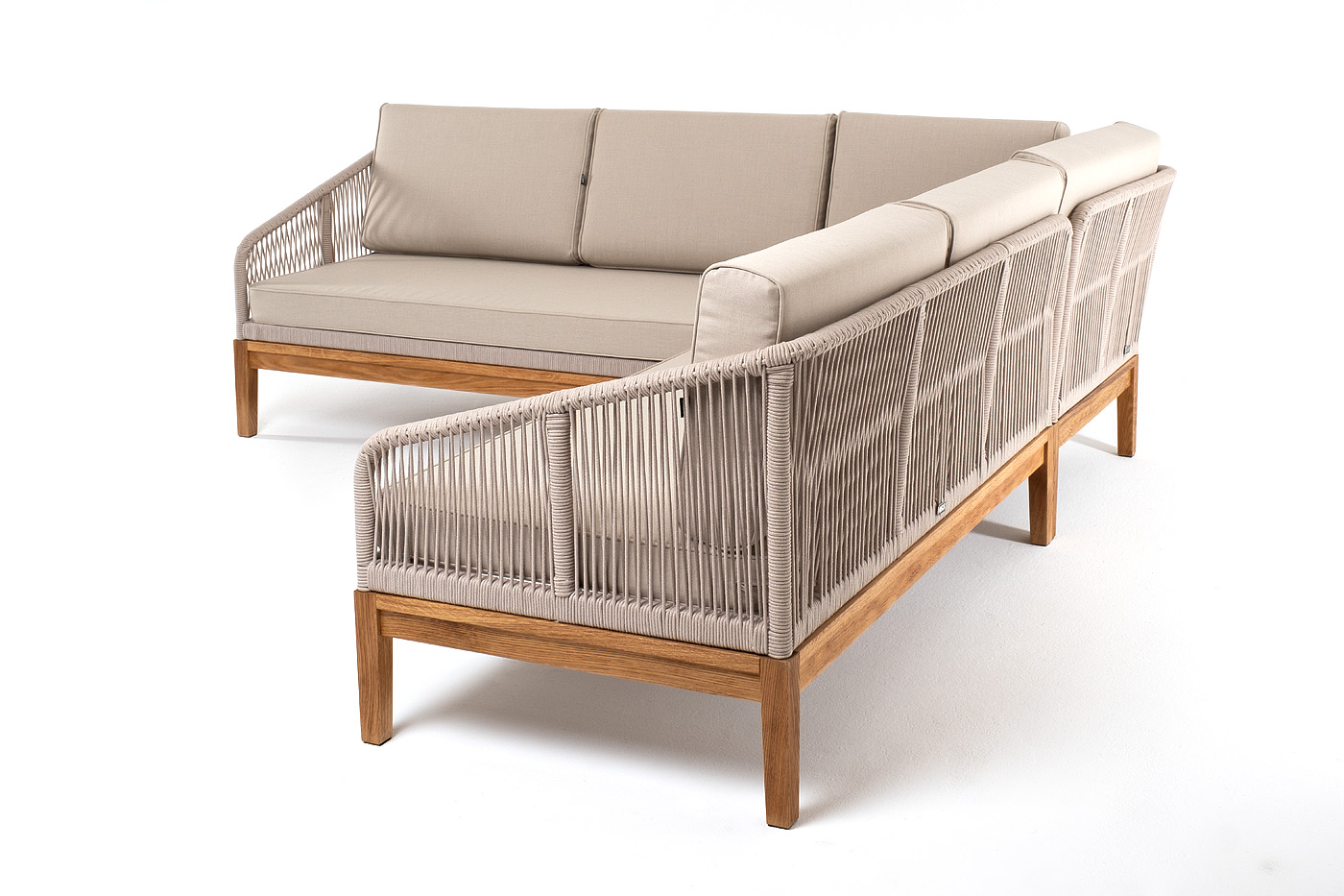 Канны диван модульный плетеный из роупа, основание дуб, роуп бежевый круглый, ткань бежевая 15052 фото 3