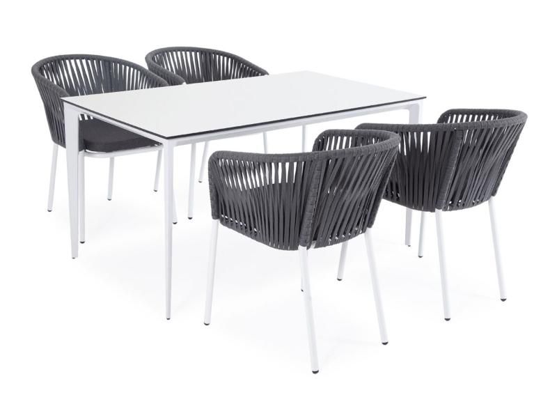 Обеденная группа Малага 4SIS на 4 персоны со стульями "Бордо", каркас белый, роуп серый фото 1