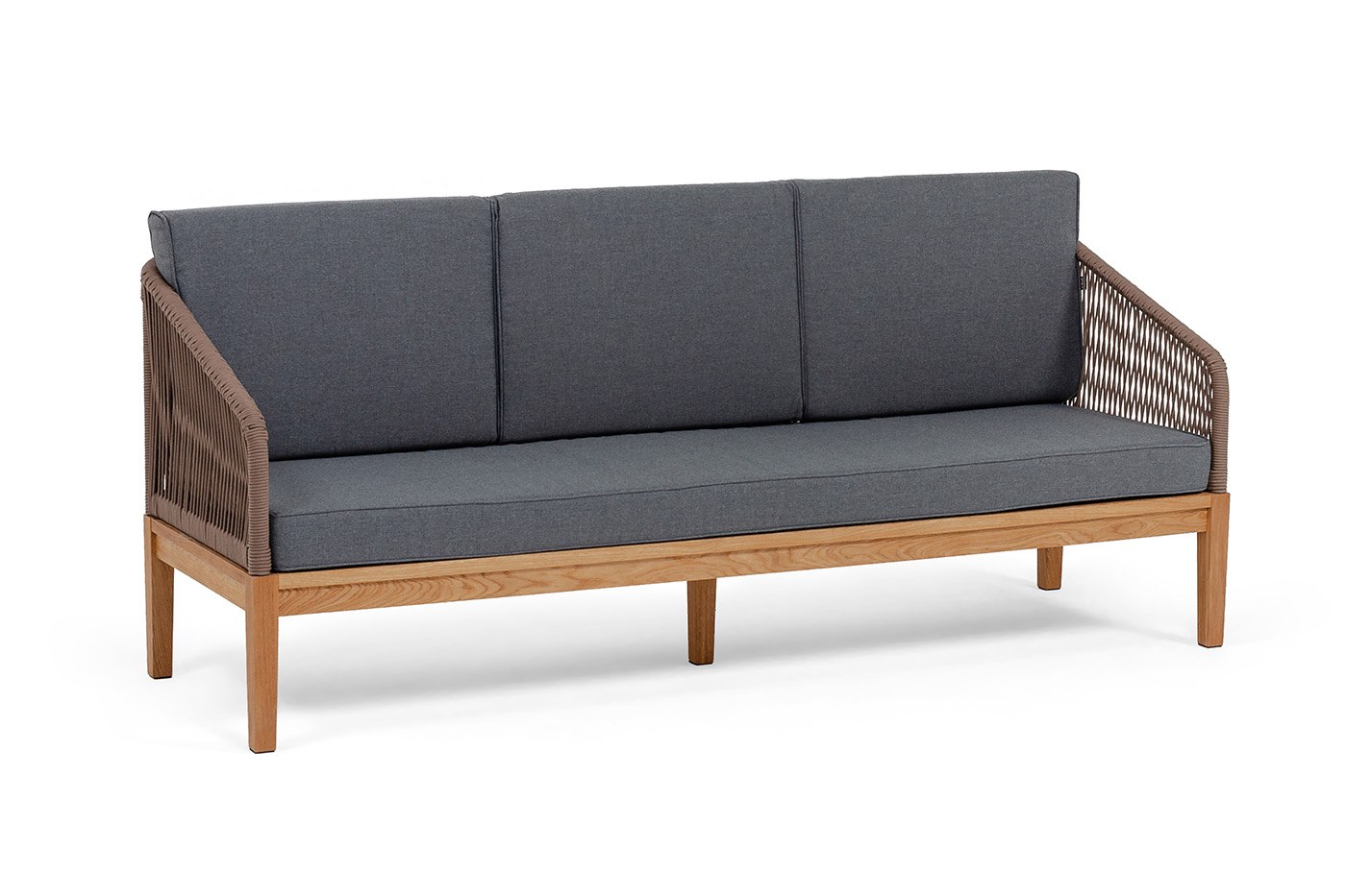 Канны диван 3-местный плетеный из роупа, основание дуб, роуп коричневый круглый, ткань темно-серая 027 фото 2