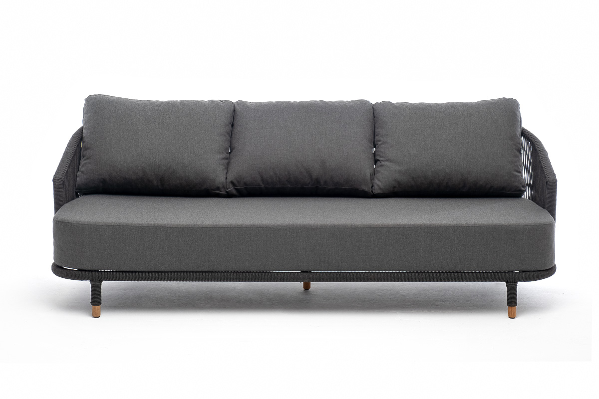 Верона диван 3-местный плетеный из роупа, каркас алюминий темно-серый (RAL7024) муар, роуп темно-серый круглый, ткань темно-серая 027 фото 2