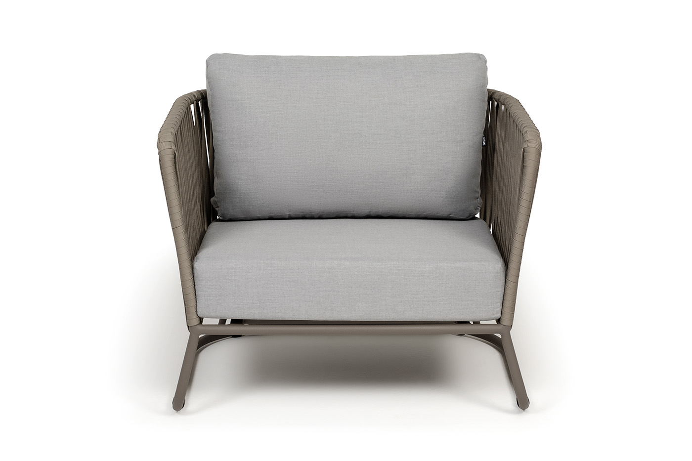 Багамы кресло плетеное из роупа, каркас алюминий бежево-серый (RAL7006) муар, роуп серо-коричневый 23мм, ткань светло-серая фото 2