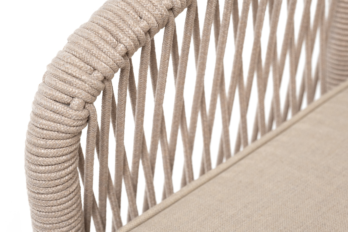 Канны кресло плетеное из роупа, каркас алюминий белый, муар, роуп бежевый круглый, ткань бежевая 035 фото 6