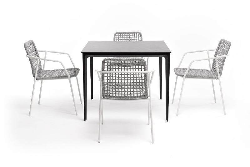 Обеденная группа Малага 4SIS на 4 персоны со стульями "Тунис", каркас белый, роуп светло-серый фото 3