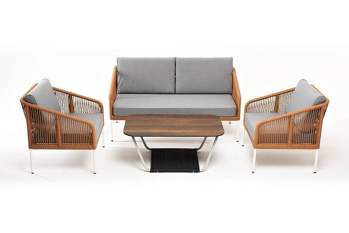 Лаунж-Зона Канны 4SIS 4-местная из роупа со столом Глория цвет дуб, каркас алюминиевый светло-серый, роуп оранжевый меланж фото 2