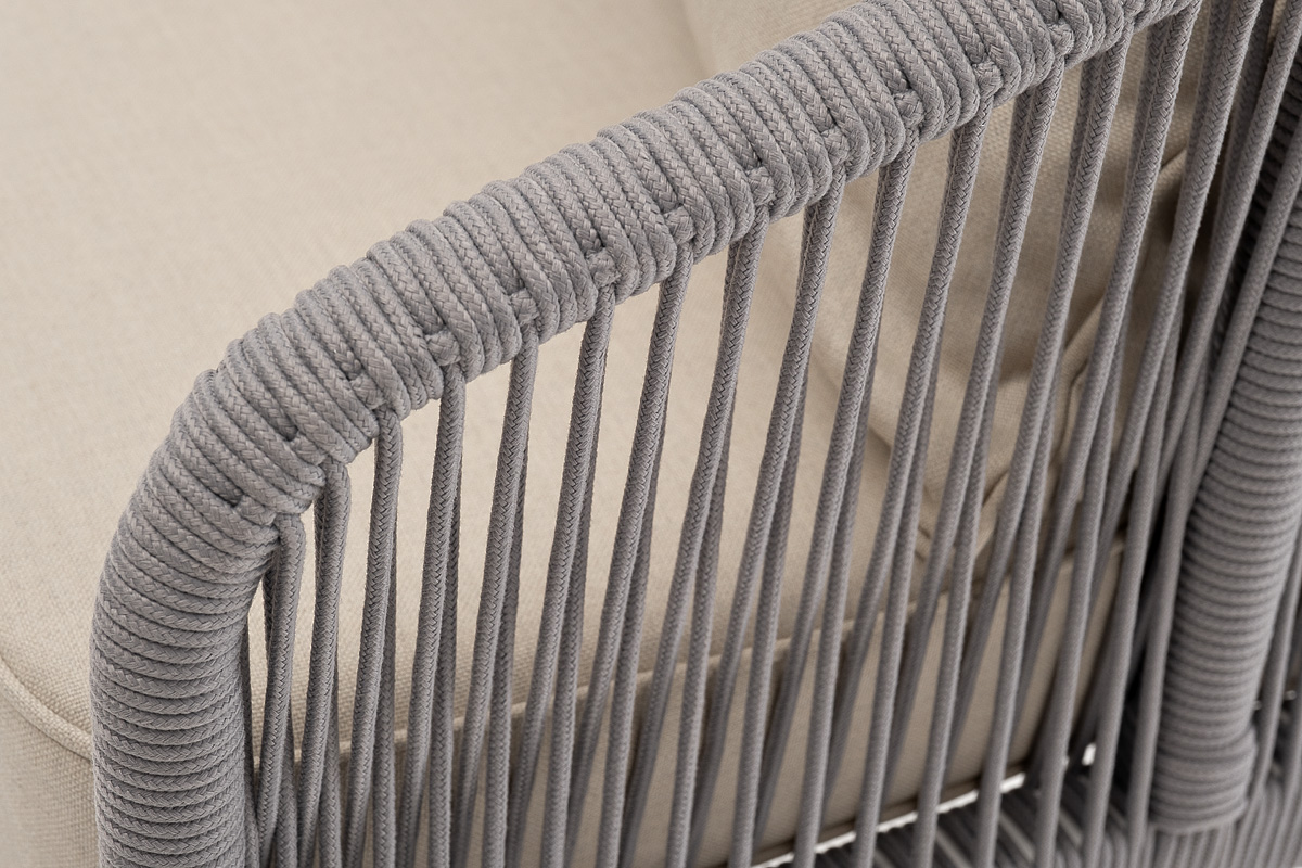 Канны диван 3-местный плетеный из роупа, каркас алюминий белый муар, роуп светло-серый круглый, ткань бежевая 15052 фото 7