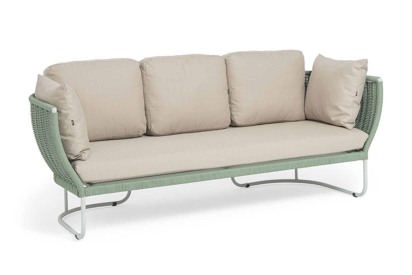 Фиджи диван 3-местный плетеный из роупа, каркас алюминий светло-серый (RAL7035) муар, роуп зеленый (4204) круглый tex, ткань Mossle бежевая фото 2