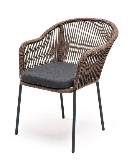 Стул Лион 4SIS плетеный из роупа, каркас из стали серый (RAL7022) муар, роуп коричневый круглый, ткань темно-серая 27 фото 1