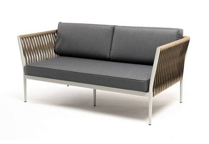 Диван Касабланка 4SIS 2-местный плетеный из роупа, каркас алюминий светло-серый (RAL7035) муар, роуп серо-коричневый 23мм, ткань серая 17 фото 1