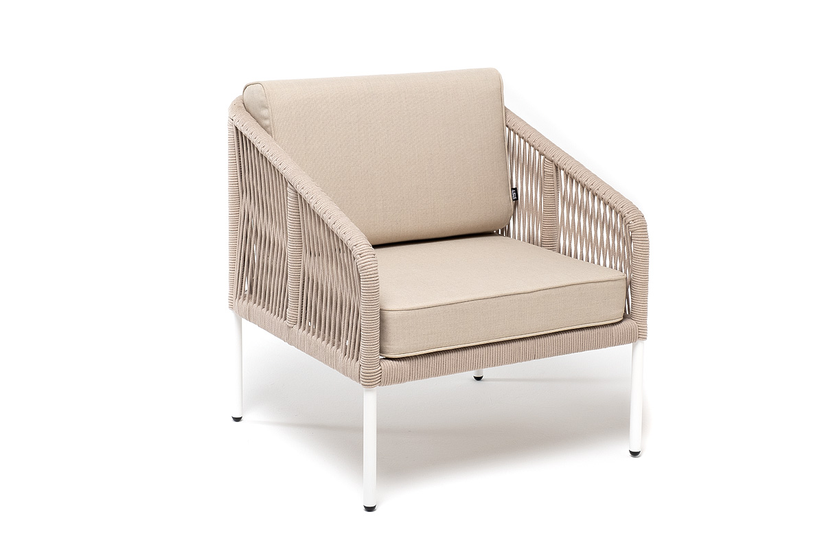 Канны кресло плетеное из роупа, каркас алюминий белый, муар, роуп бежевый круглый, ткань бежевая 035 фото 3