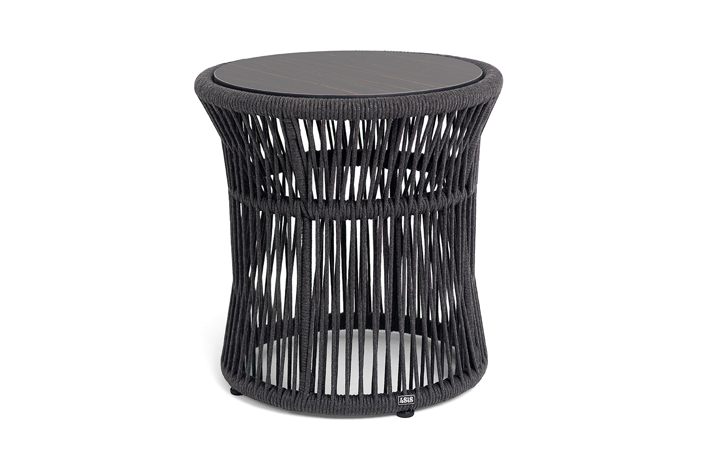 Романо журнальный стол из HPL круглый Ø45 H47, каркас из алюминия черный муар, цвет черный мрамор, роуп темно серый круглый фото 1