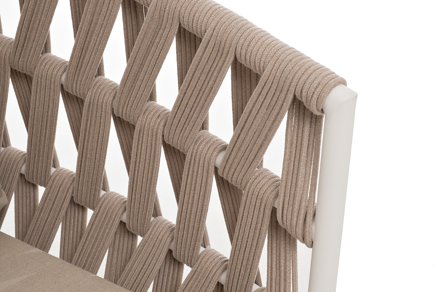 Диего диван 2-местный плетеный из роупа, каркас алюминий белый муар, роуп бежевый круглый, ткань бежевая 052 фото 6
