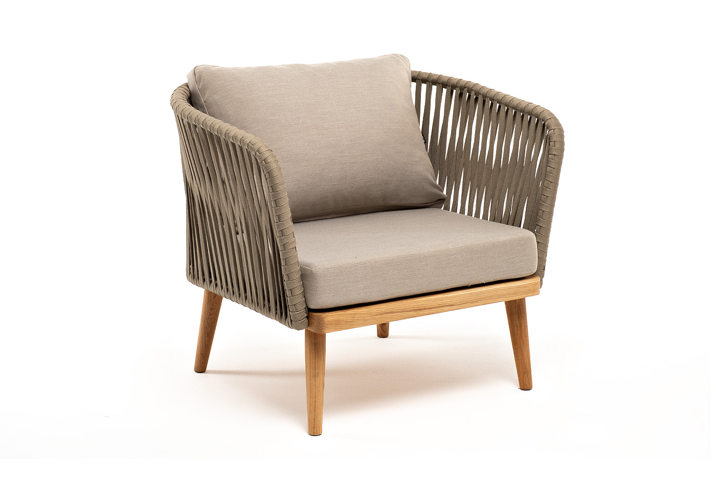 Мальорка кресло плетеное из роупа, основание дуб, роуп серо-коричневый 23мм, ткань бежевая 15052 фото 3