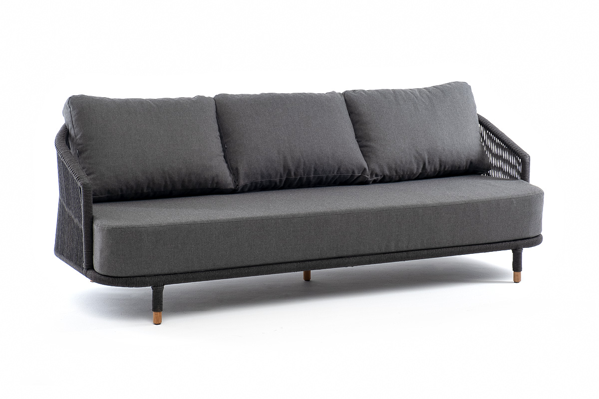 Верона диван 3-местный плетеный из роупа, каркас алюминий темно-серый (RAL7024) муар, роуп темно-серый круглый, ткань темно-серая 027 фото 3