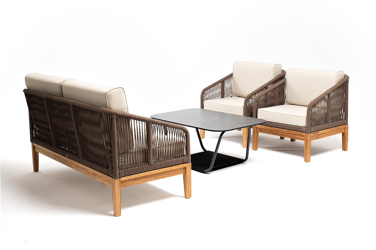 Канны лаунж-зона 4-местная из роупа со столом Гранада (серый гранит), основание дуб, роуп коричневый, ткань бежевая фото 1