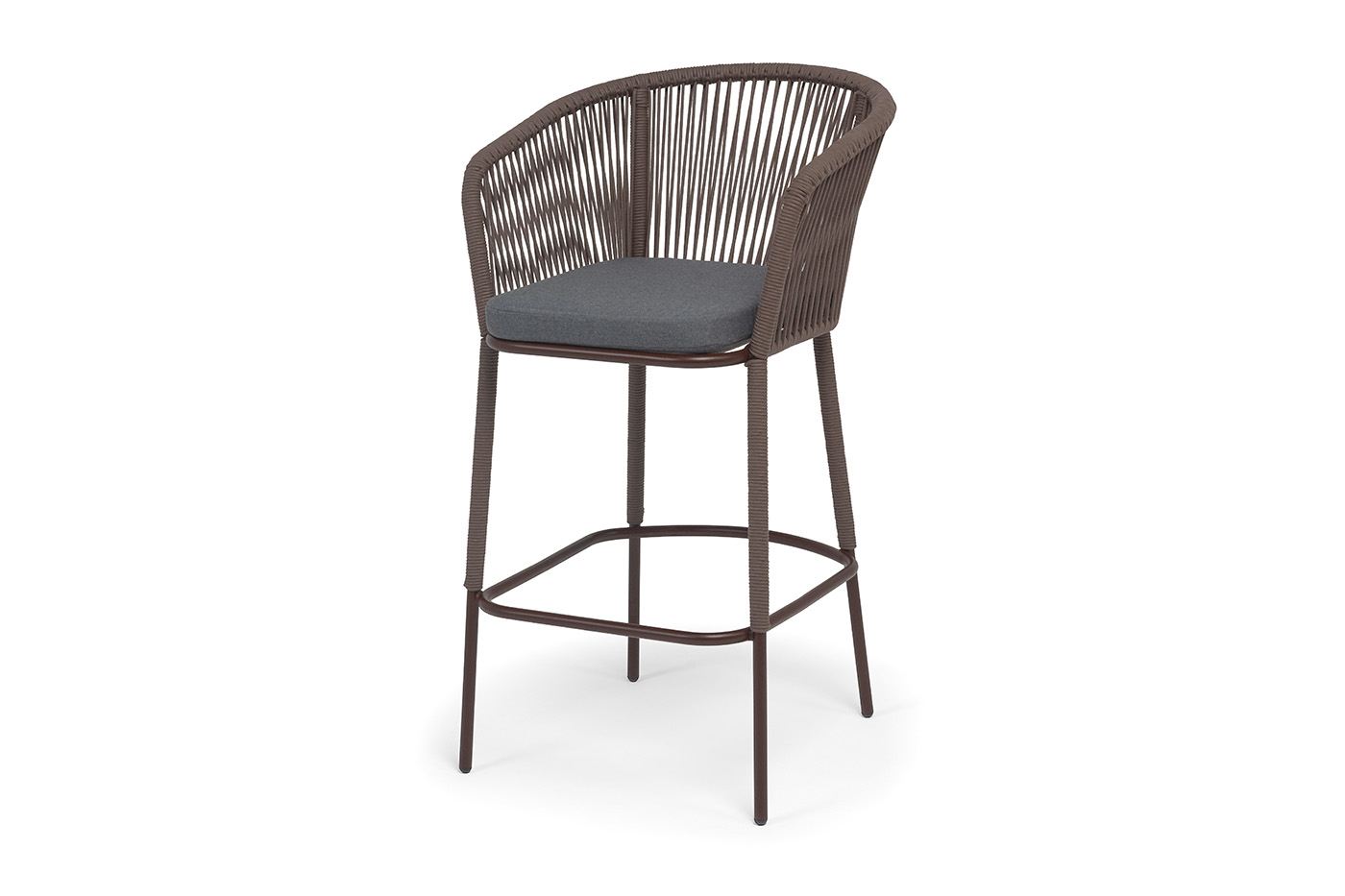 Марсель стул барный плетеный из роупа, каркас из стали коричневый (RAL8016) муар, роуп коричневый круглый, ткань темно-серая 027 NEW фото 1