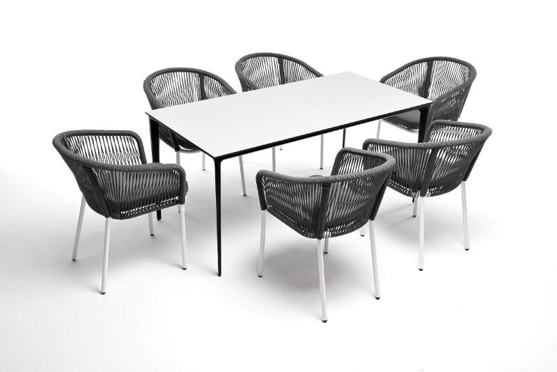 Обеденная группа Малага 4SIS на 6 персон со стульями "Марсель", каркас белый, роуп серый фото 5