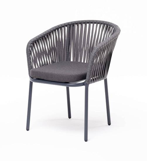 Стул Бордо 4SIS плетеный из роупа, каркас алюминий серый (RAL7022) муар, роуп серый 15мм, ткань темно-серая 27 фото 1