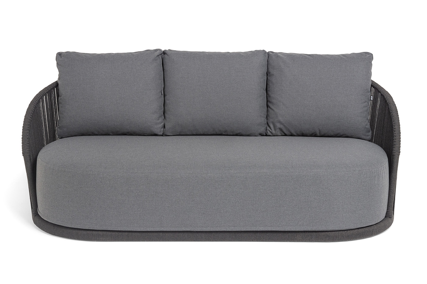 Монтелла диван 3-местный плетеный из роупа, каркас алюминий темно-серый (RAL7024) муар, роуп темно-серый круглый, ткань темно-серая 027 фото 3