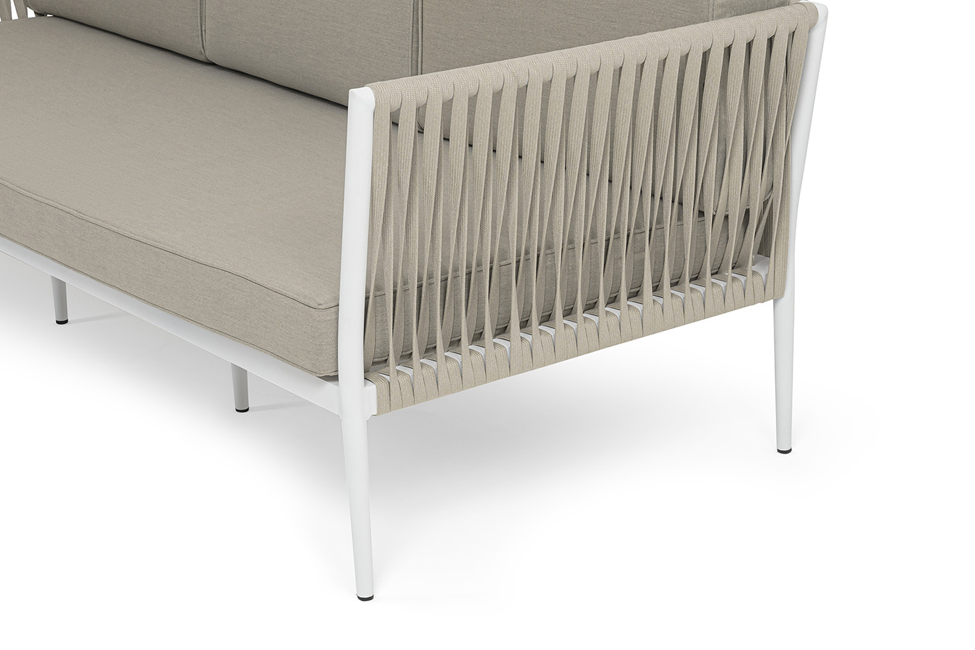 Касабланка диван 3-местный плетеный из роупа, каркас алюминий белый муар, роуп бежевый 20мм, ткань бежевая 052 фото 4