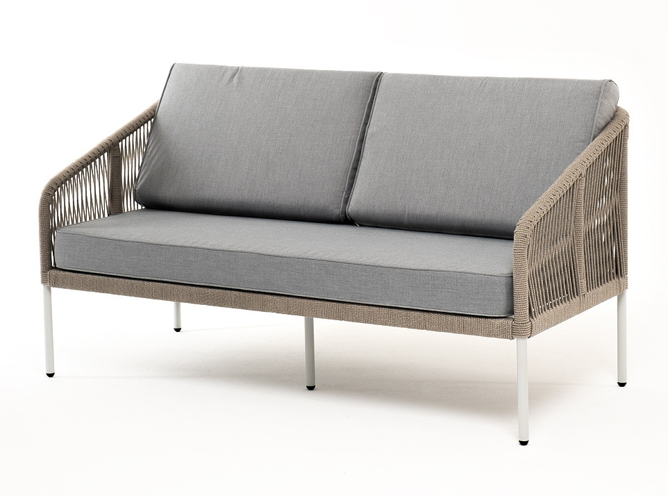 Канны диван 2-местный плетеный из роупа, каркас алюминий светло-серый (RAL7035) шагрень, роуп серый меланж круглый, ткань светло-серая фото 1