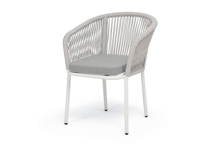 Стул Марсель 4SIS плетеный из роупа, каркас алюминий белый муар, роуп светло-серый меланж круглый tex, ткань светло-серая фото 1