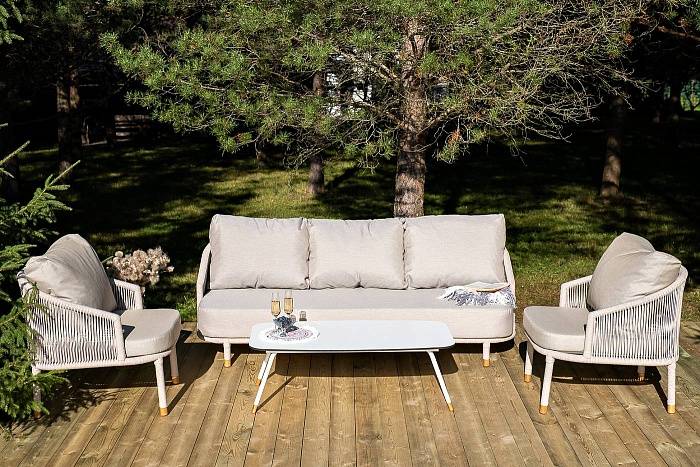 Лаунж-Зона Верона 4SIS 5-местная плетеная из роупа (веревки), каркас алюминиевый белый, роуп бежевый фото 1