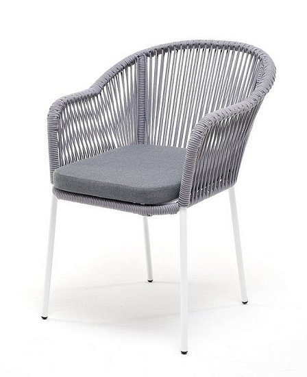 Стул Лион 4SIS плетеный из роупа, каркас из стали белый муар, роуп светло-серый круглый, ткань светло-серая фото 1