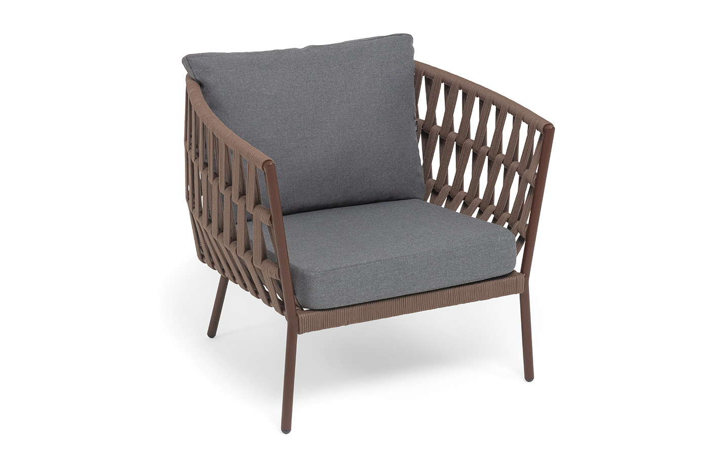 Диего кресло плетеное из роупа, каркас алюминий коричневый (RAL8016) муар, роуп коричневый круглый, ткань темно-серая 027 фото 3