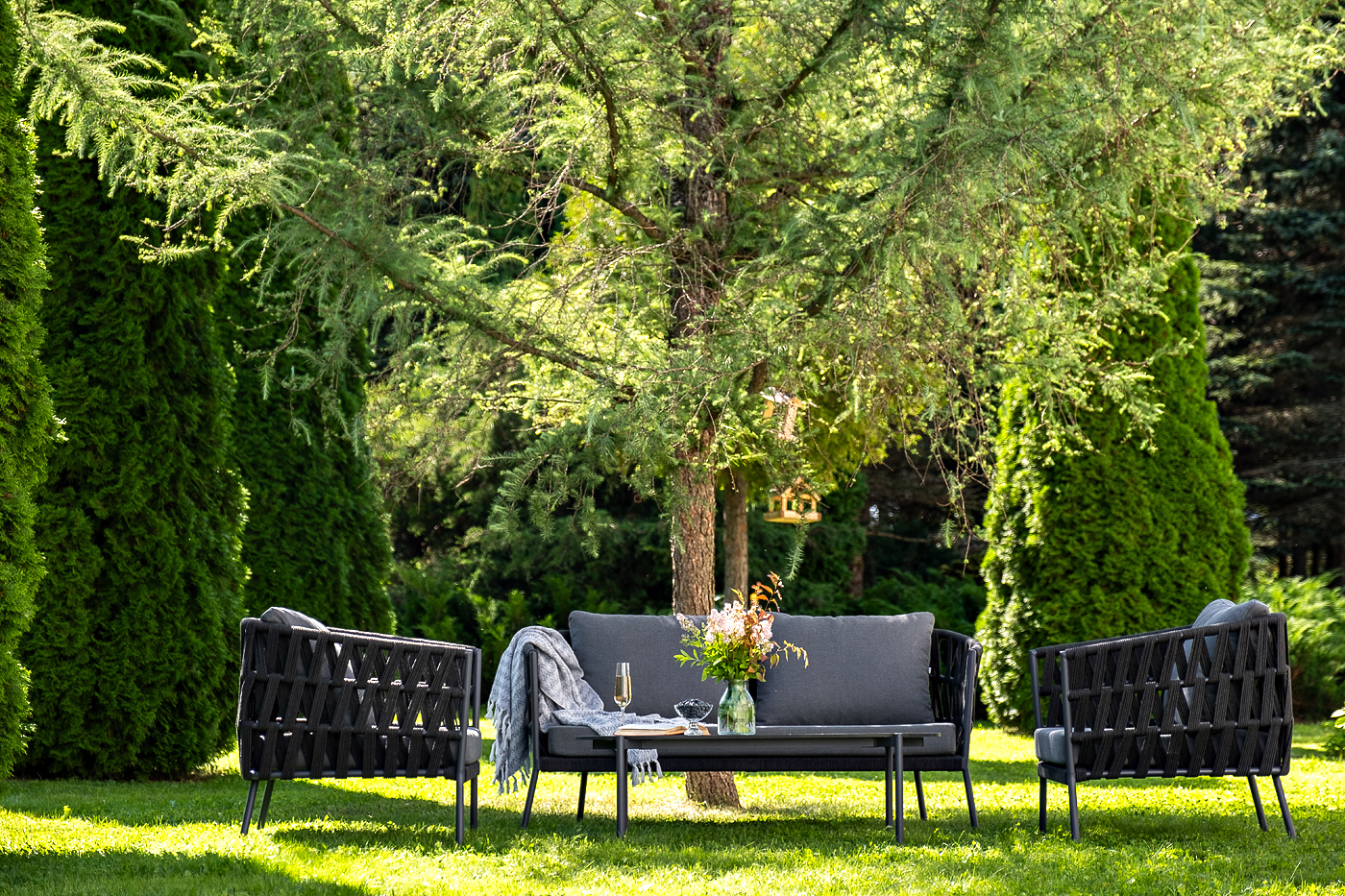 Диего лаунж-зона 4-местная плетеная из роупа (веревки), каркас алюминиевый темно-серый, роуп темно-серый фото 3