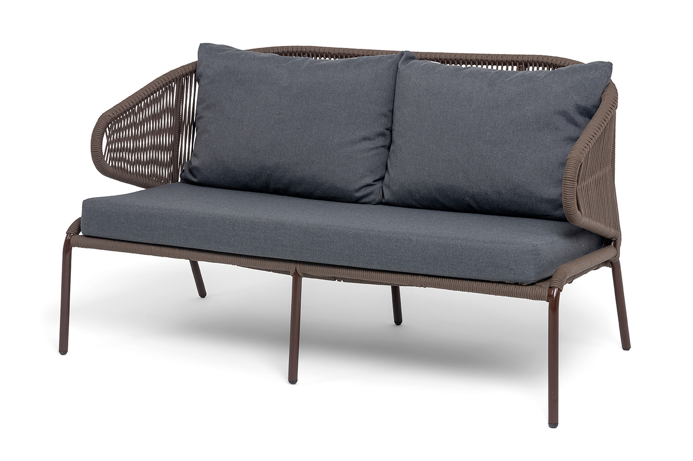 Милан диван 2-местный плетеный из роупа, каркас алюминий коричневый (RAL8016) муар, роуп коричневый круглый, ткань темно-серая 027 фото 1