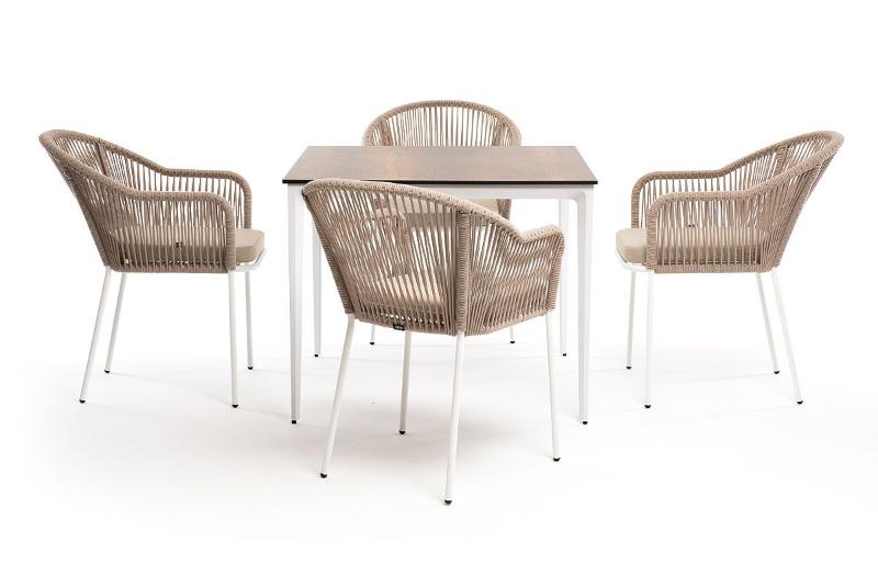 Обеденная группа Малага 4SIS на 4 персоны со стульями "Лион", каркас белый, роуп бежевый фото 4