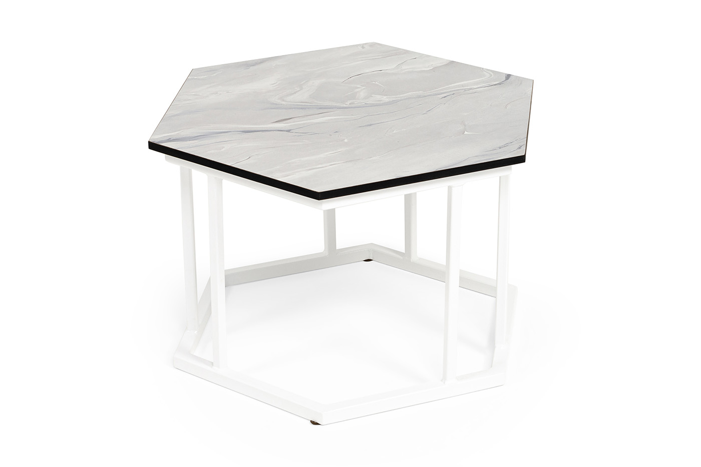 Женева интерьерный стол из HPL шестиугольный, D50, H35, цвет мрамор пепел, каркас из стали белый муар фото 3