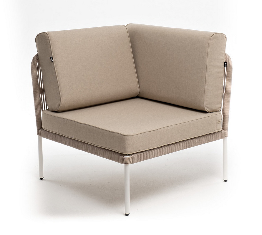 Канны угловой модуль плетеный из роупа, каркас алюминий белый муар, роуп бежевый круглый, ткань бежевая 15052 фото 1