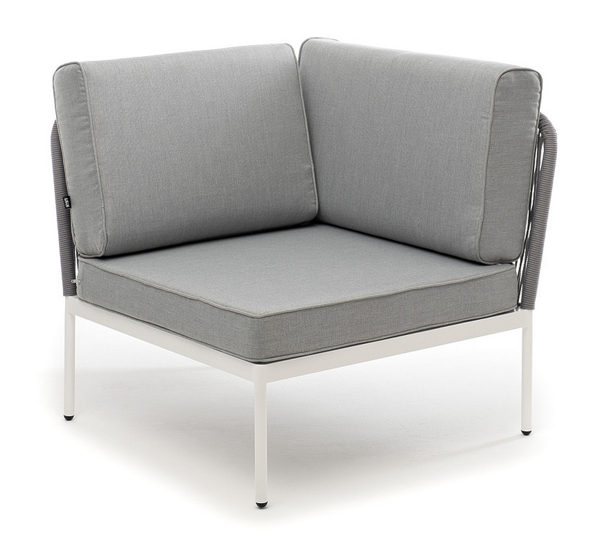 Канны угловой модуль плетеный из роупа, каркас алюминий белый муар, роуп светло-серый круглый, ткань светло-серая фото 1